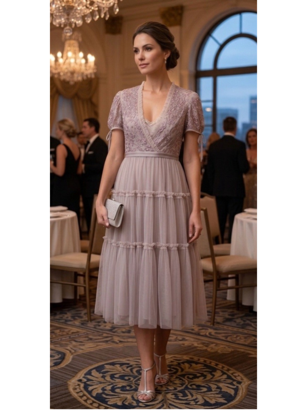 Needle & Thread Emilana Embroidered Tulle Midi Dress Sz 8 Women’s Purple Party
